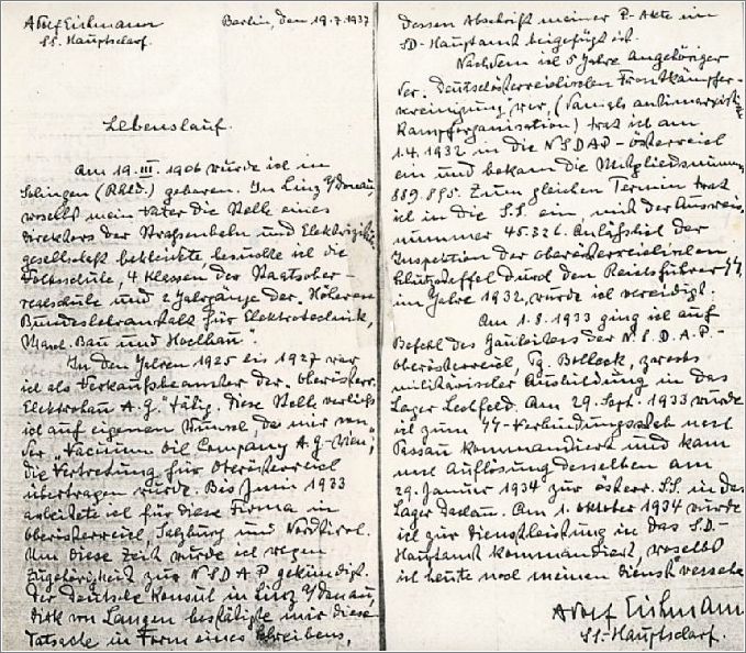 Eichmann's handwirtten application or Lebenslauf (CV) and request for promotion from SS-Hauptscharfhrer to SS-Untersturmfhrer in 1937
