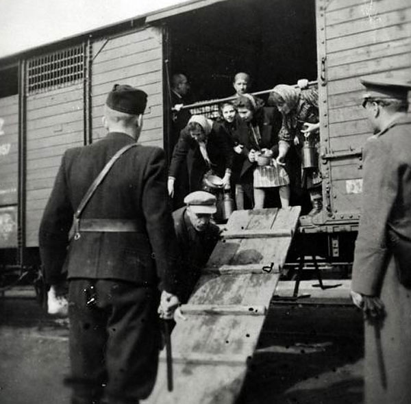 Jews loaded in to cattle cars